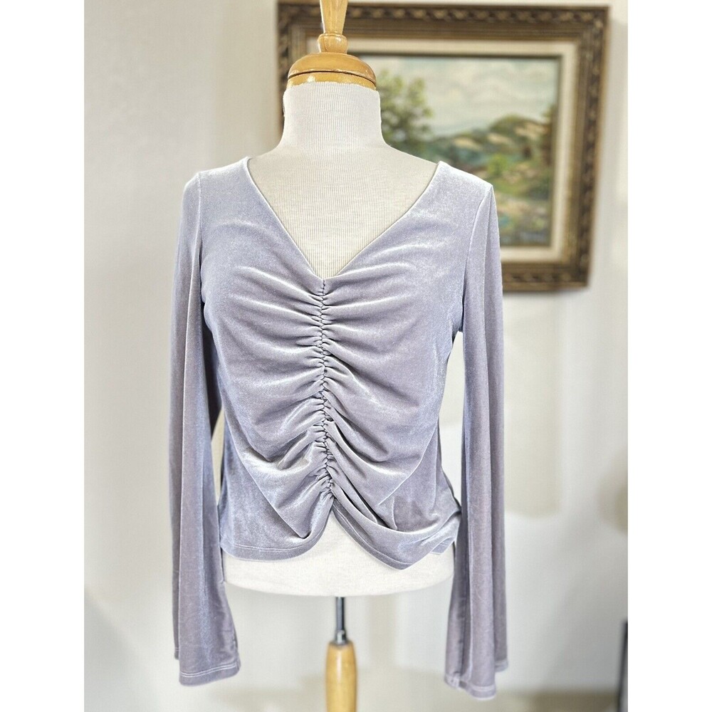 Urban Outfitters Toupe Silver Cinch Ruched Velvet Top Bell Sleeves Size M